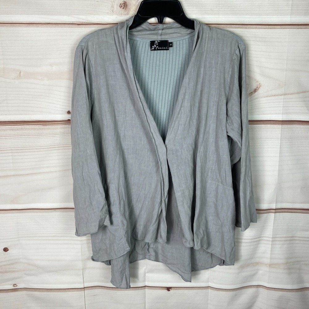 Fenini Cardigan Womens Small Gray Linen V-Neck 3/4 Sleeve Button Front Knit Back